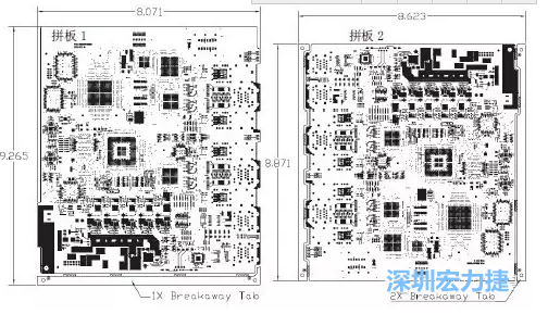 如圖7所示是使用不同數量邊條的拼板，拼板1僅使用了一個邊條，直接利用PCB另一邊作為SMT工藝傳送邊，并且PCB圖形中有合適的安裝孔；而拼板2則是按常規(guī)設計了兩個邊條。拼板方式為連接筋。圖中“Breakaway Tab”指邊條-深圳宏力捷