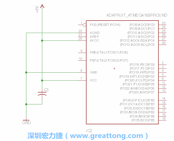 3.1.    新增微控制器晶片（RBBB → ATmega），把它放在電路原理圖的中央附近，把它的兩個接地接頭連接到接地訊號端。