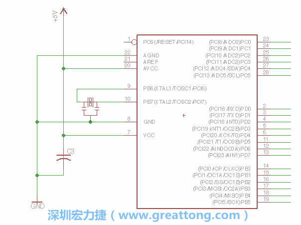 3.2.    在靠近ATmega的電源供應針腳7的位置放置一個0.1μF的電容，將它分別連接電源、接地端和針腳7。