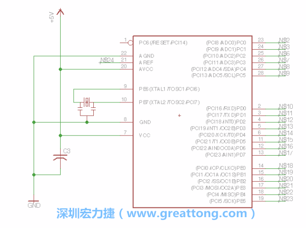 3.3.    將共鳴器（resonator）放置在針腳9和針腳10附近，將它的三個針腳連接如圖所示，并確認最中間的針腳有連到接地端。