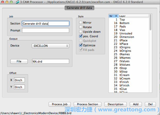 打開「excellon.cam」的工作項目并建立drill文件（副檔名為「.dri」和「.drd」），之后你只會用到「.drd」的文件檔；「.dri」的文件只是解釋用資料（所謂后設資料）而已。