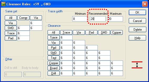 圖22 電源、接地線寬設定