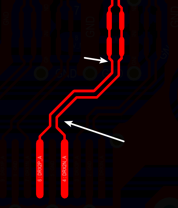 相應(yīng)的要對(duì)差分對(duì)不匹配的情況作出補(bǔ)償，使其線長(zhǎng)匹配，長(zhǎng)度差通常控制在5mil以內(nèi)