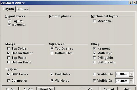 按“L”打開層設(shè)置窗口,打開各層圖形進(jìn)行初步檢查,看文件有無設(shè)計(jì)上的問題或有無特殊的、在處理文件時(shí)需特別留意之處