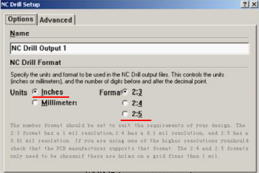 將格式改為“Inches 2:5”( 以確保資料精度,反之孔與線路有偏移現(xiàn)象;)點(diǎn)OK完成鉆孔文件轉(zhuǎn)換